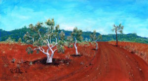 Miniature Landscape painting of stark white ghost gums against the red earth of the Australian Outback