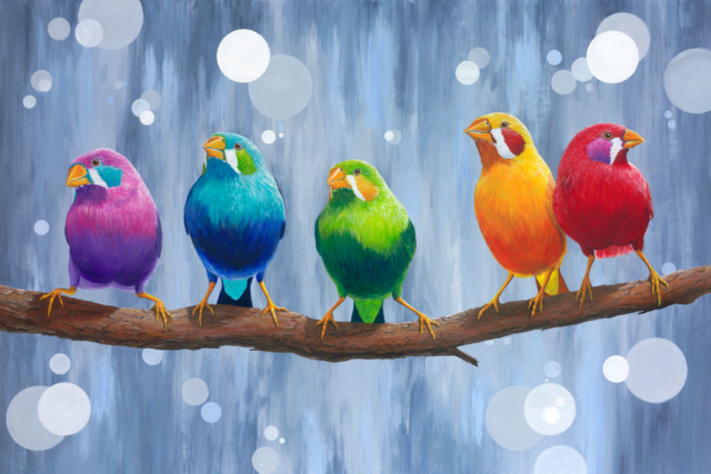 Rainbow Song, Original Artwork by Rebecca Phillips, Acrylic Bird Painting