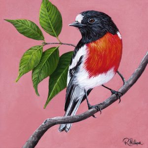 Original Artwork Scarlet Robin and Lilly Pilly leaves, Acrylic Painting