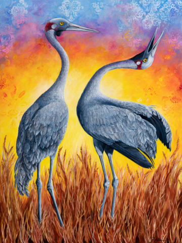 Sunrise Brolgas Original Artwork by Rebecca Phillips, Acrylic Painting