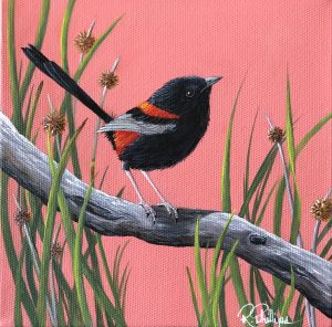 Original Artwork Red-backed Fairywren and Knobby Club rush plant, Acrylic Painting